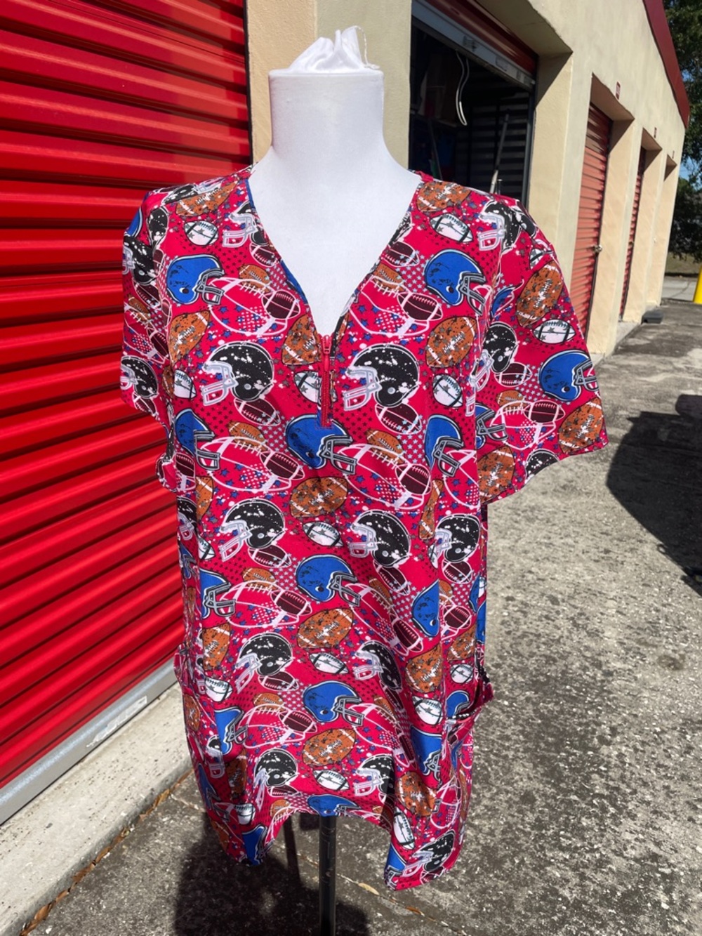 Football Print V-Neck Scrub Top in Brightt Red